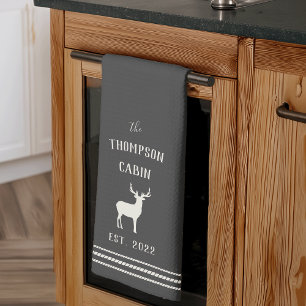 Charcoal Rustic Deer Personalised Tea Towel