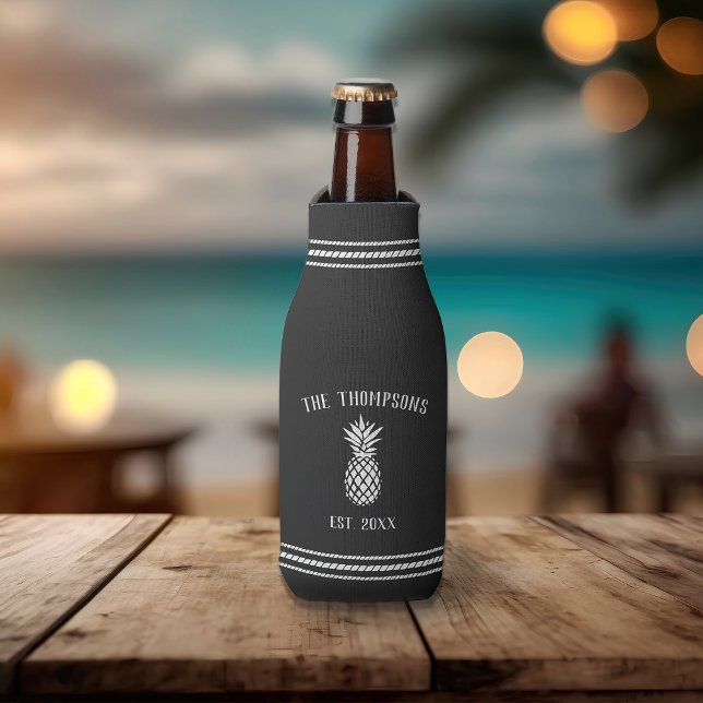 Charcoal Rustic Pineapple Personalised Family Name Bottle Cooler (Creator Uploaded)