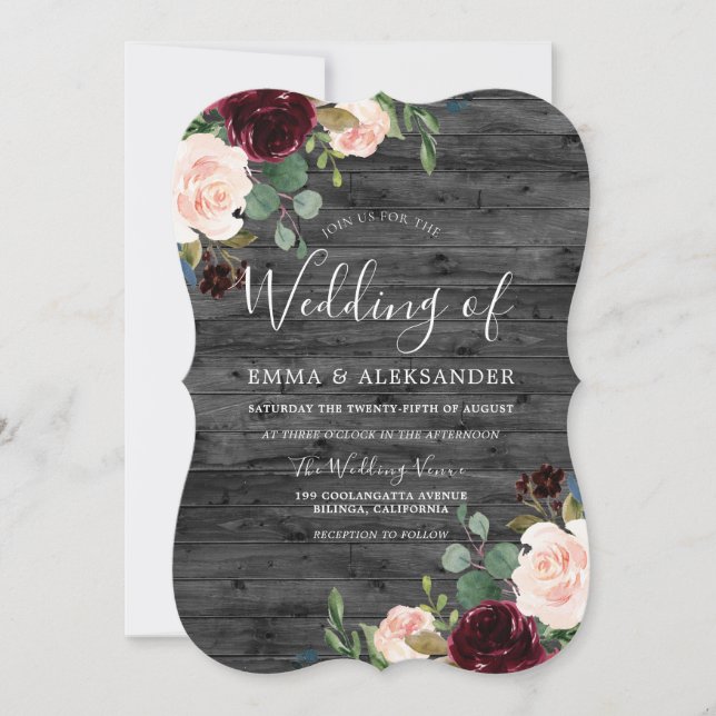 Charcoal Rustic Red Wine Floral Burgundy Wedding Invitation (Front)