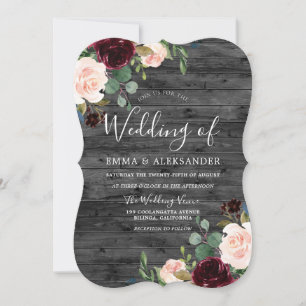 Charcoal Rustic Red Wine Floral Burgundy Wedding Invitation