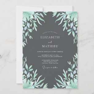 Charcoal Seafoam Leaf Wedding Invitation