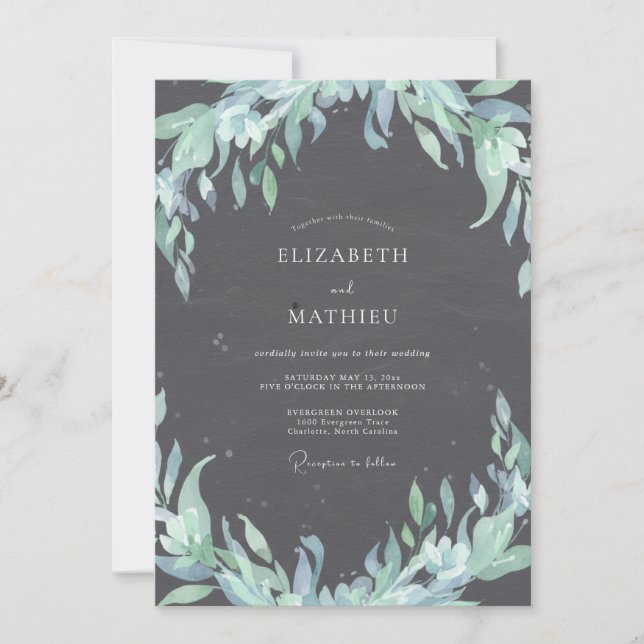 Charcoal Silver Leaf Wedding Invitation (Front)