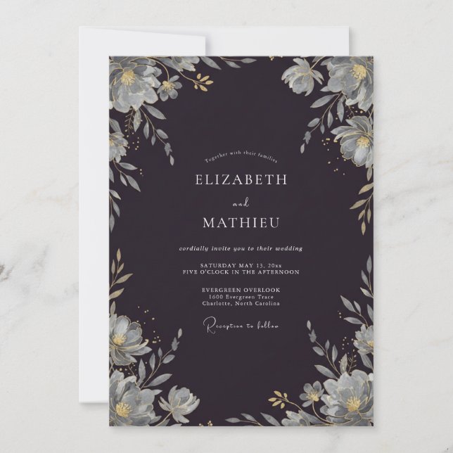 Charcoal Silver Leafy Wedding Invitation (Front)