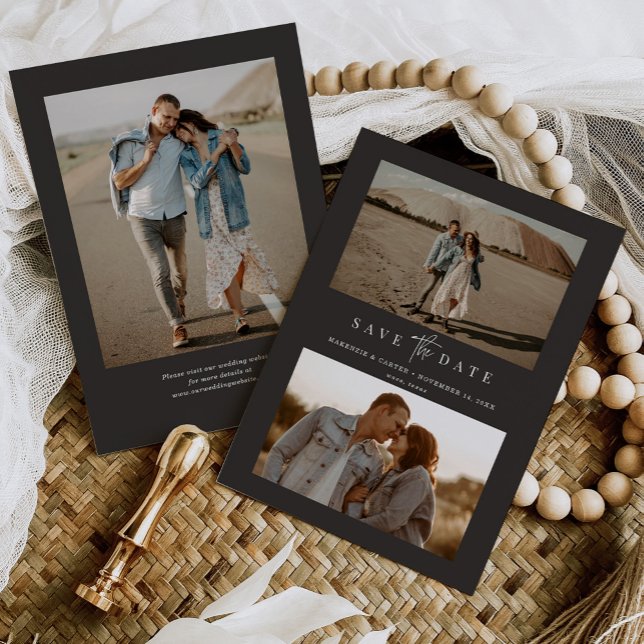 Charcoal Simple Modern Minimalist Three Photo Save The Date (Creator Uploaded)
