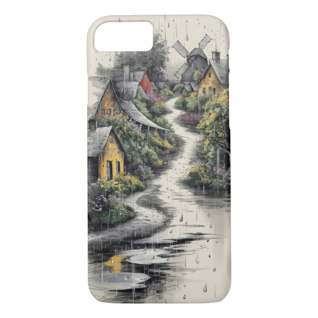 Charcoal Sketch of a Picturesque Rural Village Case-Mate iPhone Case (Back)