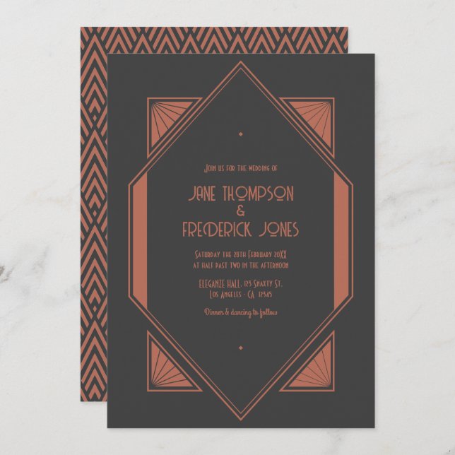Charcoal Slate & Copper Art Deco Wedding Photo Invitation (Front/Back)