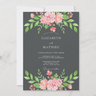 Charcoal Soft Blush Leafy Wedding Invitation
