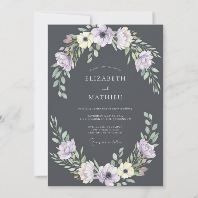Charcoal Soft Lilac Petal Wedding Invitation (Front)