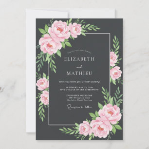 Charcoal Soft Pink Leafy Wedding Invitation