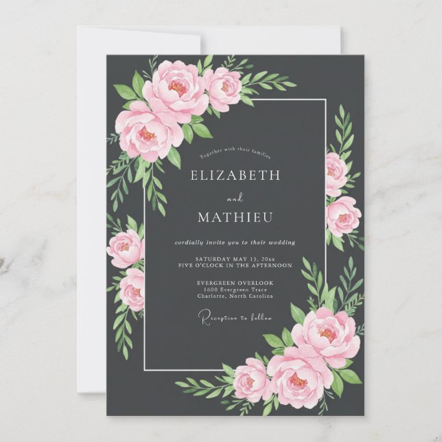 Charcoal Soft Pink Leafy Wedding Invitation (Front)
