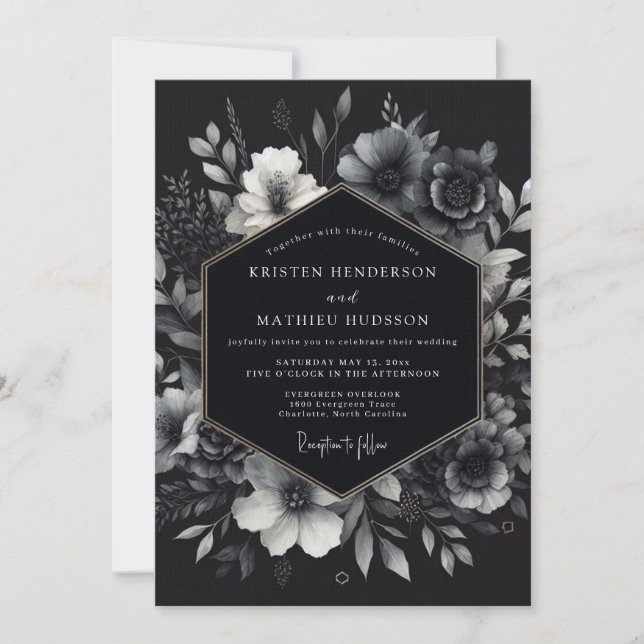 Charcoal Somber Bloom Wedding Invitation (Front)