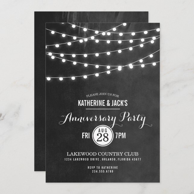 Charcoal String Lights Anniversary Party Invite (Front/Back)