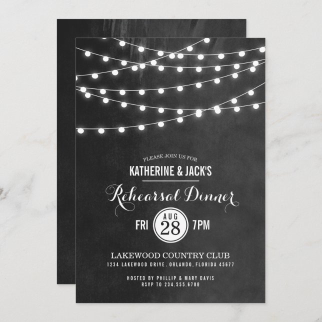 Charcoal String Lights Rehearsal Dinner Invitation (Front/Back)