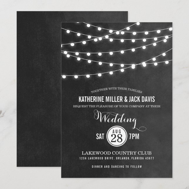 Charcoal String Lights Wedding Invitation (Front/Back)
