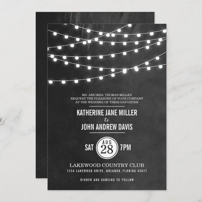 Charcoal String Lights Wedding Invitation (Front/Back)