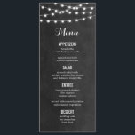 Charcoal String Lights Wedding Menu Card<br><div class="desc">Chic modern summer wedding menu card design with simple elegant glowing string lights hanging across the top and a classy mix of modern and calligraphy script fonts on a printed faux watercolor texture background. A simple and stylish preppy design, perfect for summer! Click the CUSTOMIZE IT button to customise fonts,...</div>