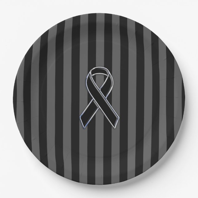 Charcoal Stripes Style Black Ribbon Awareness Paper Plate (Front)