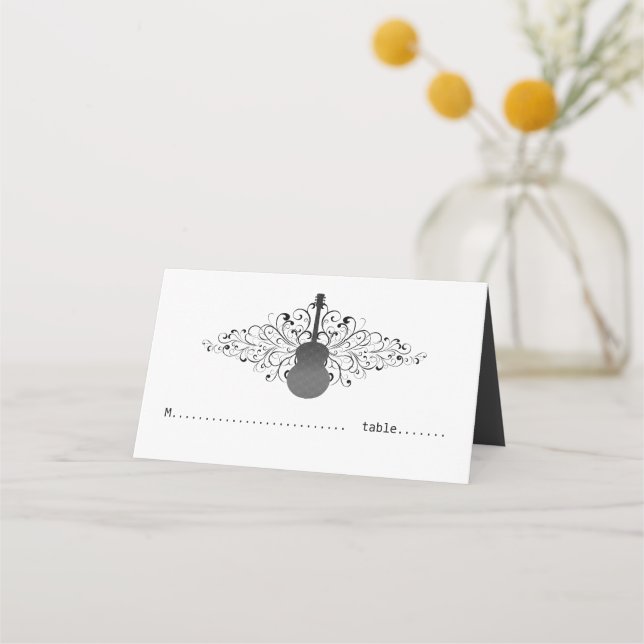 Charcoal Swirls Guitar Folded Place Cards (Front)