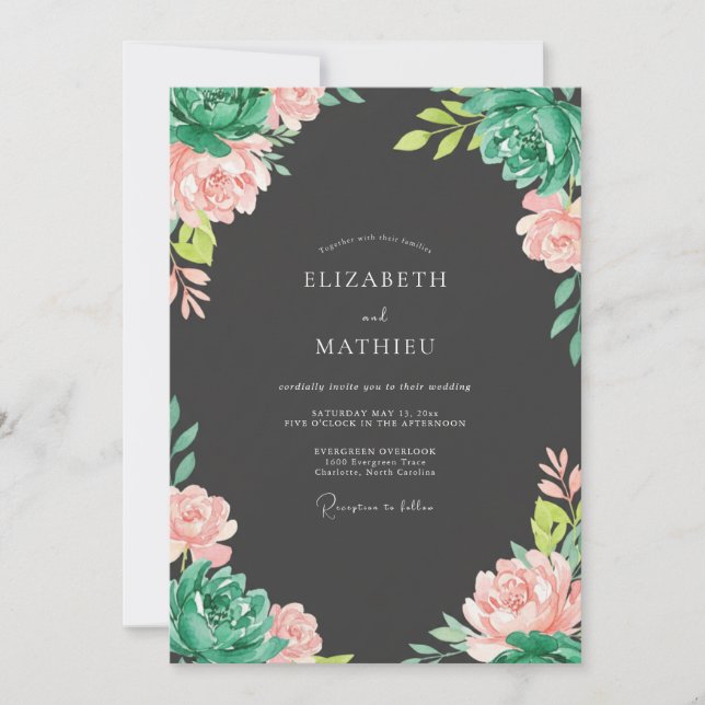 Charcoal Teal Succulent Eucalyptus Wedding Invitation (Front)