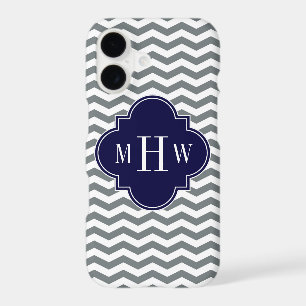 Charcoal Thin Chevron Navy Quatrefoil 3 Monogram