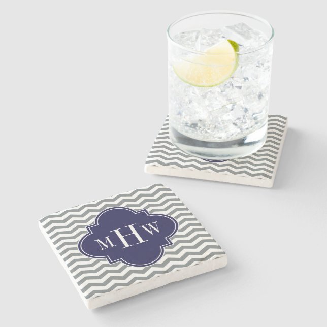 Charcoal Thin Chevron Navy Quatrefoil 3 Monogram Stone Coaster (Side)