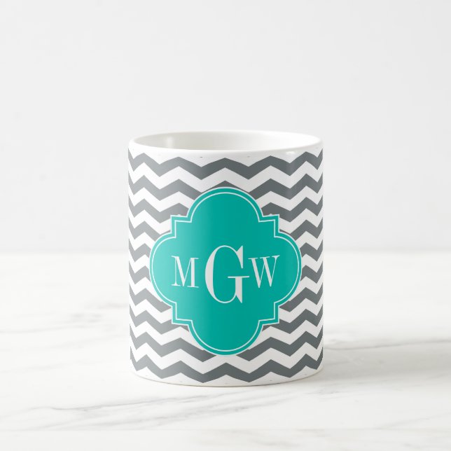 Charcoal Thin Chevron Teal Quatrefoil 3 Monogram Coffee Mug (Center)