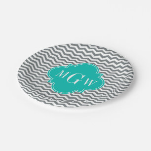 Charcoal Thin Chevron Teal Quatrefoil 3 Monogram Paper Plate