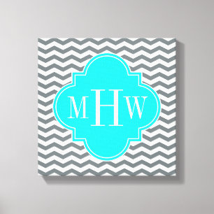Charcoal Tn Chevron Brt Aqua Quatrefoil 3 Monogram Canvas Print