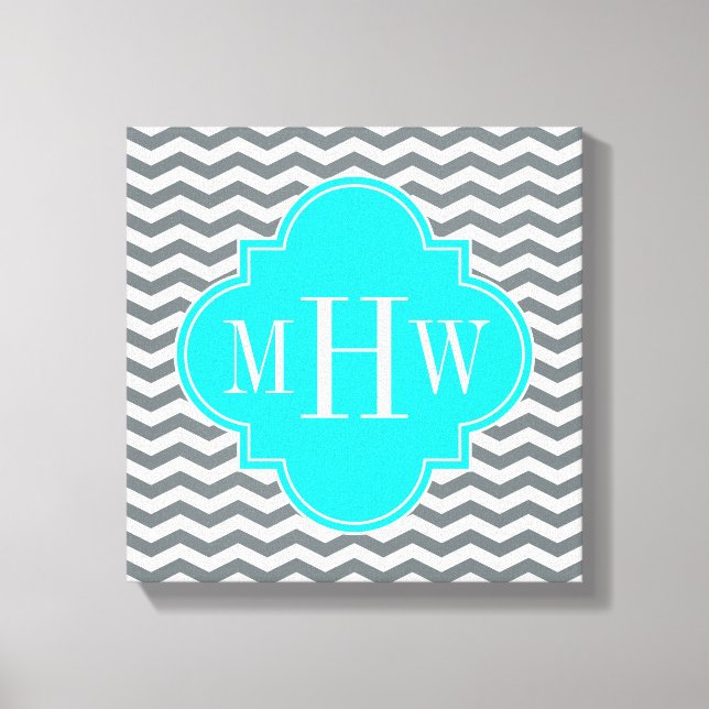 Charcoal Tn Chevron Brt Aqua Quatrefoil 3 Monogram Canvas Print (Front)