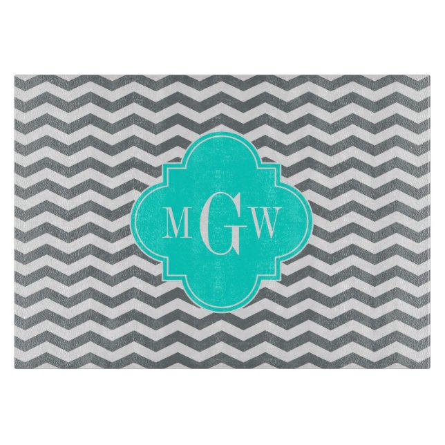 Charcoal Tn Chevron Brt Aqua Quatrefoil 3 Monogram Cutting Board (Front)