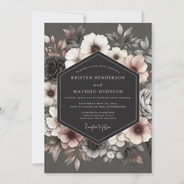 Charcoal Umbral Bloom Wedding Invitation (Front)