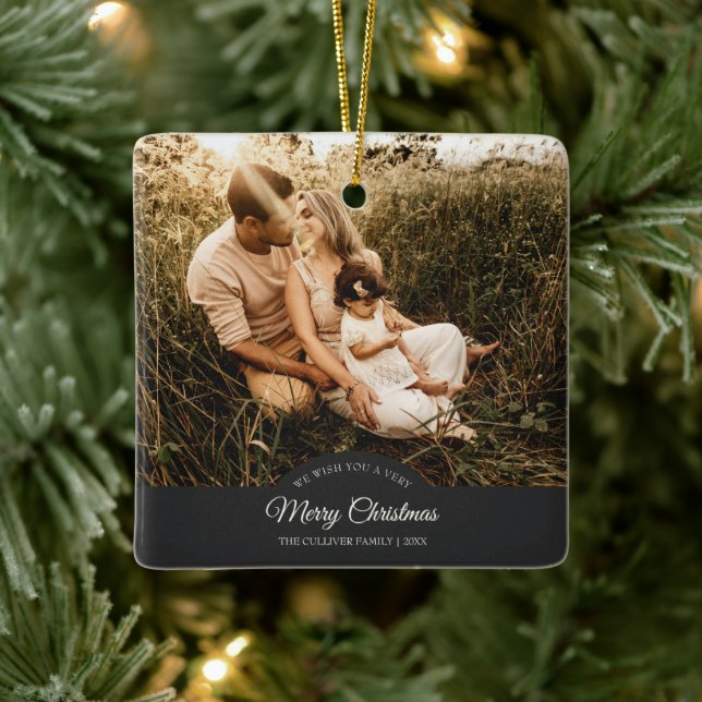 Charcoal Very Merry Christmas Family Photo Ceramic Ornament (Tree)