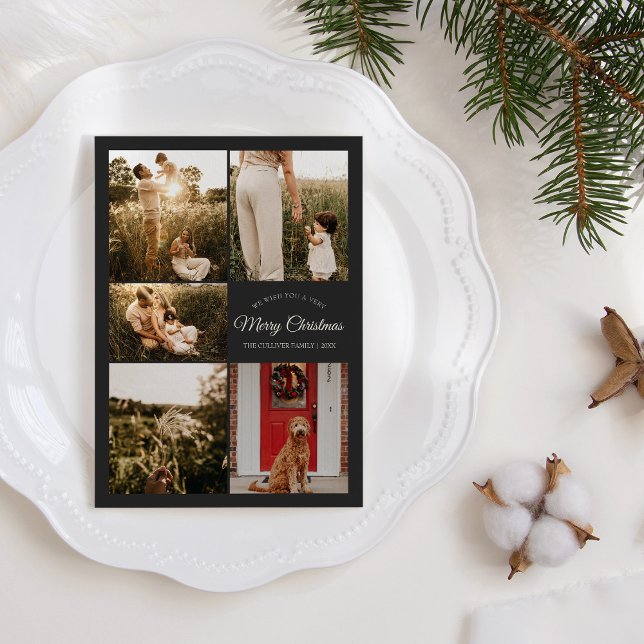 Charcoal Very Merry Christmas Five Photo Collage Holiday Card (Creator Uploaded)