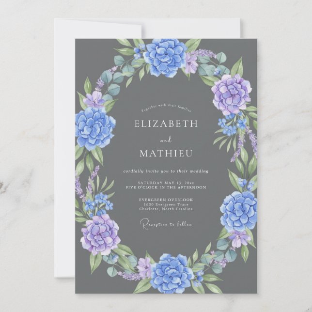 Charcoal Violet Hydrangea Eucalyptus Wedding Invitation (Front)