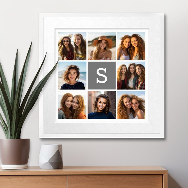 Charcoal White 8 Photo Collage Custom Monogram Canvas Print (Creator Uploaded)