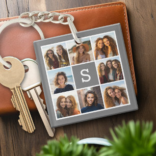 Charcoal White 8 Photo Collage Custom Monogram Key Ring