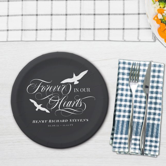 Charcoal White Birds Forever In Our Hearts Funeral Paper Plate (Creator Uploaded)