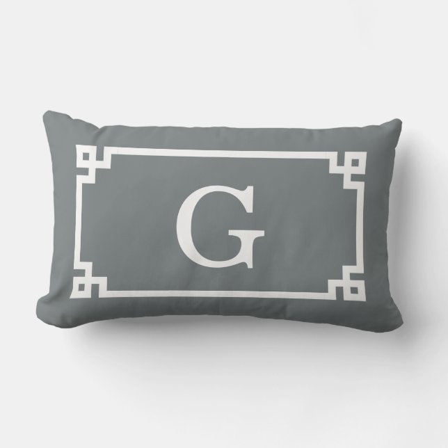 Charcoal White Greek Key Frame #2 Initial Monogram Lumbar Cushion (Front)
