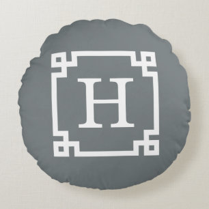 Charcoal White Greek Key Frame #2 Initial Monogram Round Cushion