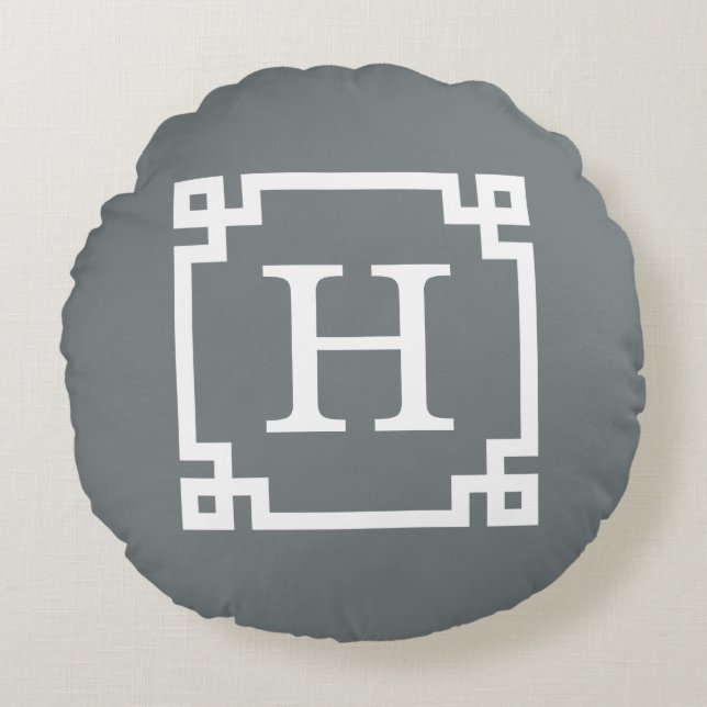 Charcoal White Greek Key Frame #2 Initial Monogram Round Cushion (Front)