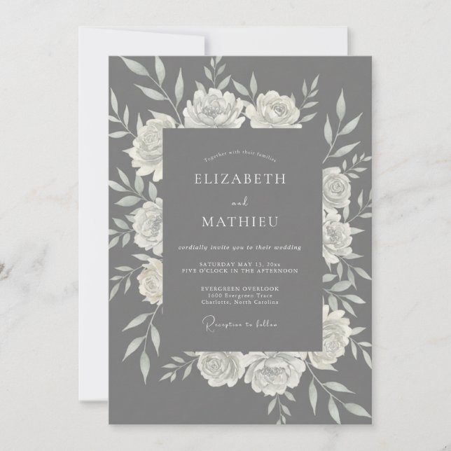 Charcoal White Leaf Wedding Invitation (Front)