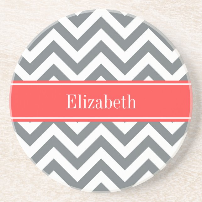 Charcoal White LG Chevron Coral Red Name Monogram Coaster (Front)