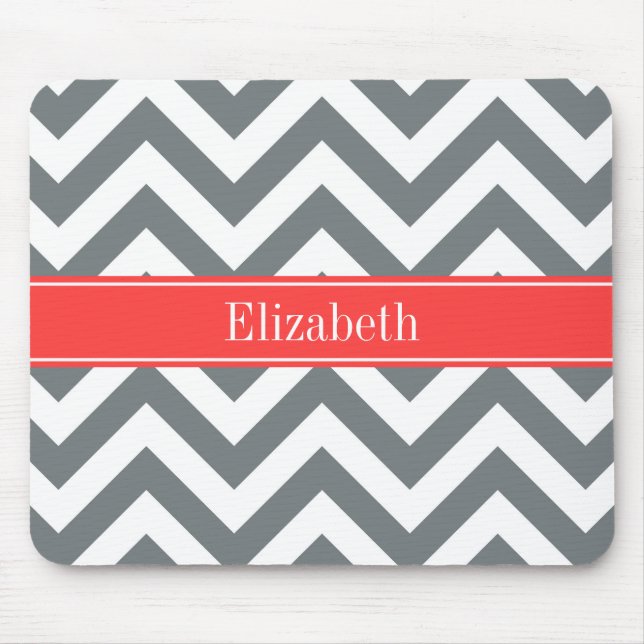 Charcoal White LG Chevron Coral Red Name Monogram Mouse Mat (Front)