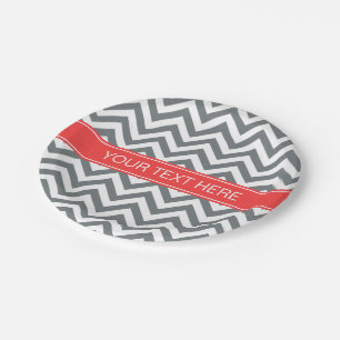 Charcoal White LG Chevron Coral Red Name Monogram Paper Plate