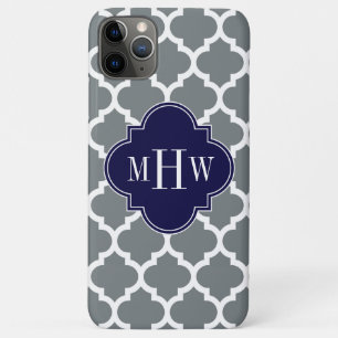 Charcoal White Moroccan #5 Navy 3 Initial Monogram iPhone 11 Pro Max Case