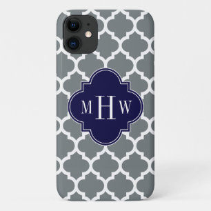 Charcoal White Moroccan #5 Navy 3 Initial Monogram iPhone 11 Case