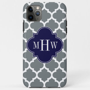 Charcoal White Moroccan #5 Navy 3 Initial Monogram iPhone 11 Pro Max Case
