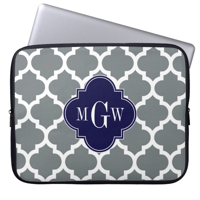 Charcoal White Moroccan #5 Navy 3 Initial Monogram Laptop Sleeve (Front)