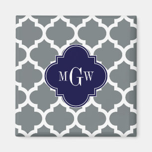 Charcoal White Moroccan #5 Navy 3 Initial Monogram Magnet