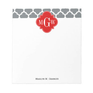 Charcoal, White Moroccan #5 Red 3 Initial Monogram Notepad